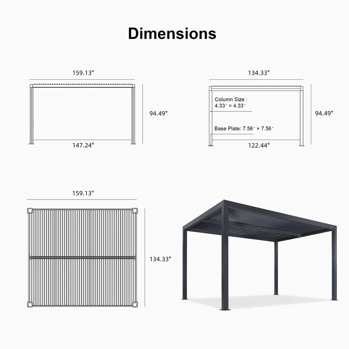 Gray Louvered Pergola Outdoor Aluminum Pergola with Adjustable Roof for Patio Gray Hardtop Gazebo