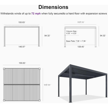 Gray Louvered Pergola Outdoor Aluminum Pergola with Adjustable Roof for Patio Gray Hardtop Gazebo