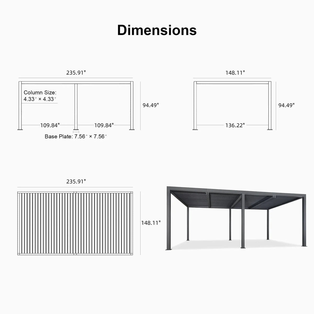 Gray Louvered Pergola Outdoor Aluminum Pergola with Adjustable Roof for Patio Gray Hardtop Gazebo