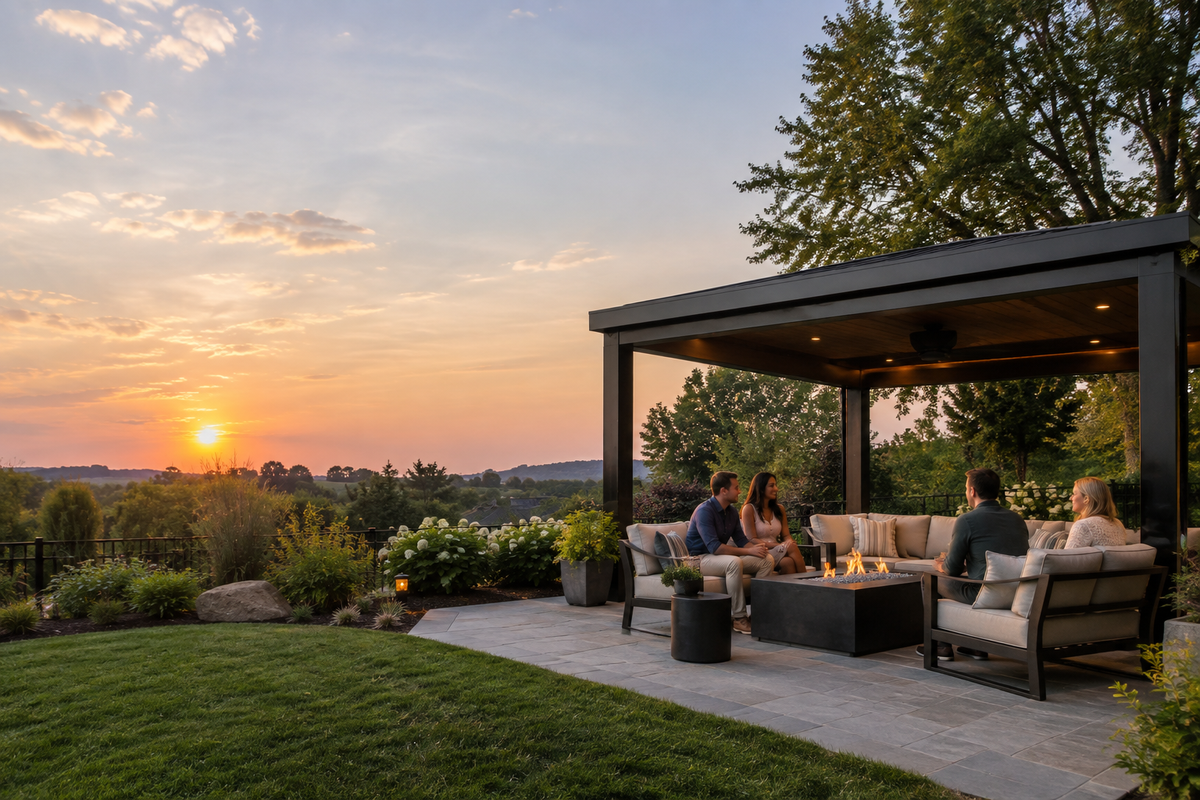 Early evening backyard with gazebo and fire pit