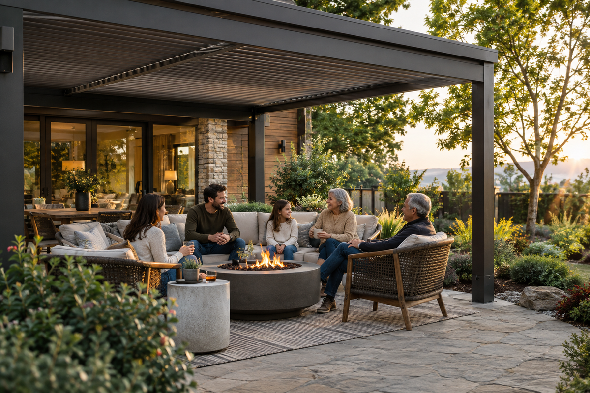 Family spending time together in a pergola-covered backyard