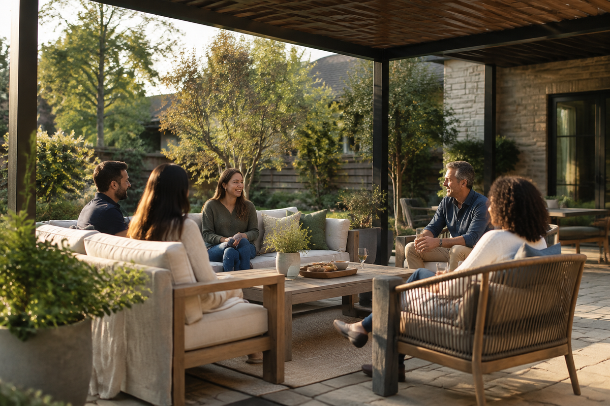 Friends gathering in a backyard for the About Us page