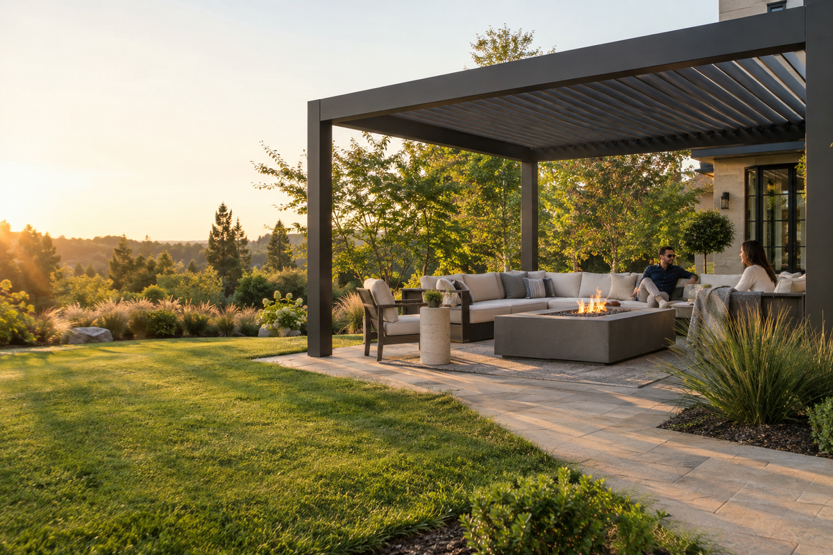 Open-air backyard gathering under a pergola